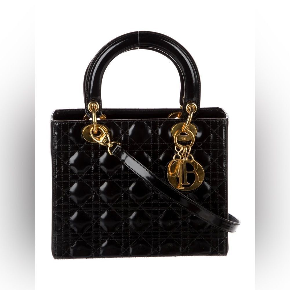 Christian Dior Vintage Medium Lady Dior Black Patent Cannage Bag Gold Hardware - Picture 8 of 14
